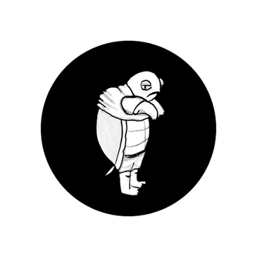 A sad, cartoonish turtle standing with arms crossed on a black background.