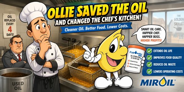 Ollie the oil drop promotes cleaner oil and cost savings in a chef's kitchen.