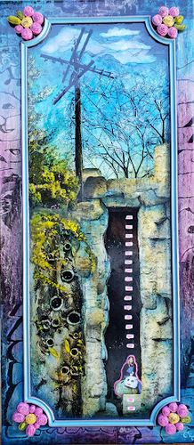 "Down The Rabbit Hole" Collage on upcycled vintage kitchen cabinet door.