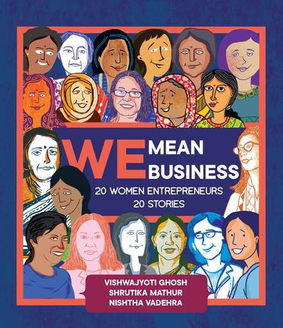 Illustrated cover of 'We Mean Business' featuring 20 women entrepreneurs and their stories.