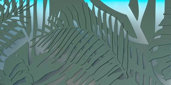 Intricate leaf patterns backlit with soft blue lighting.