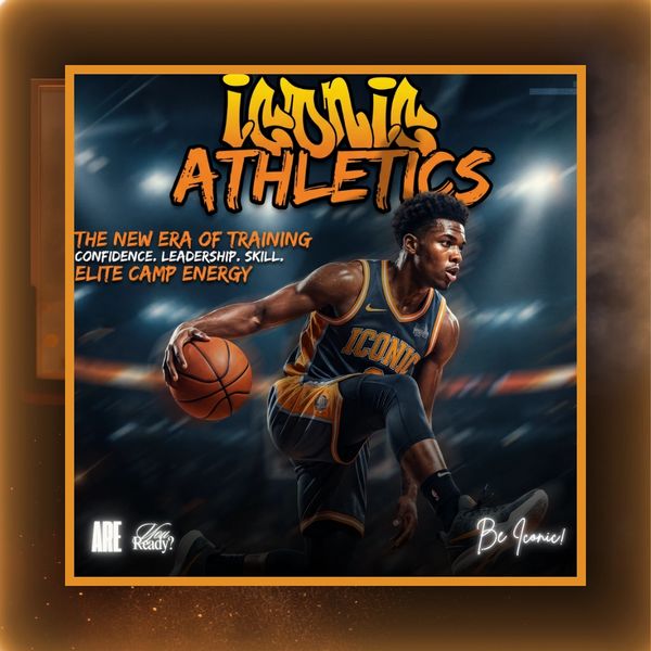 Basketball player promoting Iconic Athletics training camp for confidence and skills.