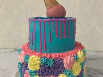 Two tiered specialty birthday cake. 