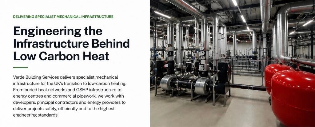 Mechanical infrastructure for low carbon heating in a plant room.