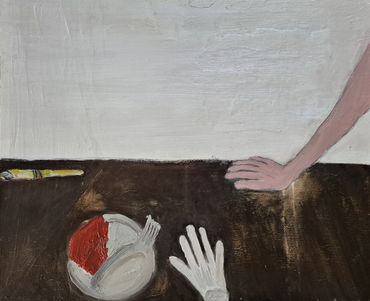 Abstract painting of a hand, plate, and arm on a dark surface.