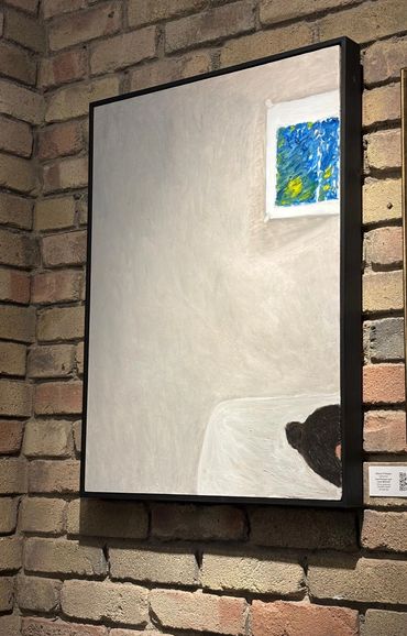Minimalist painting of a person lying in bed with a window showing a blue sky.