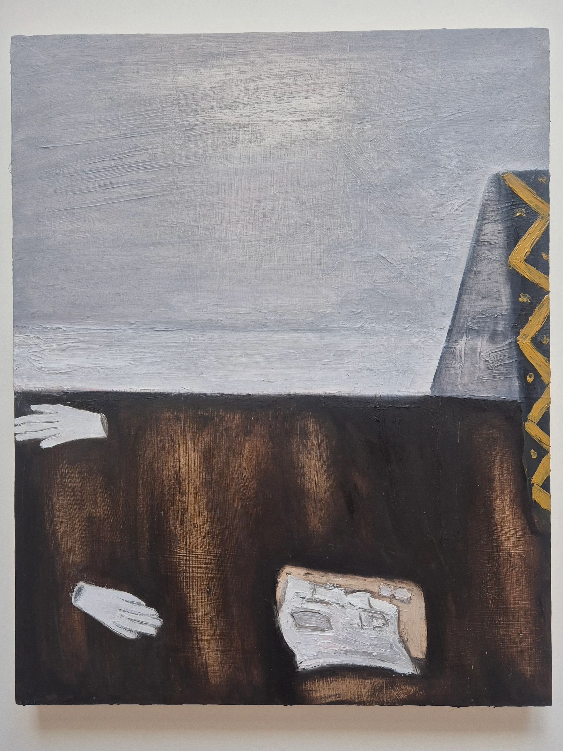 Abstract painting with dark brown, gray, and white tones featuring white gloves and a patterned edge.
