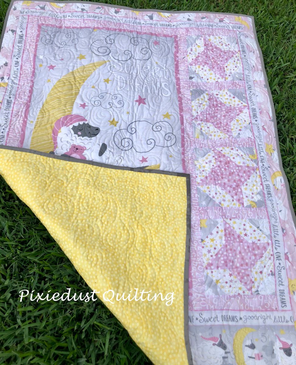 Baby Quilt sweet dreams Sheep and stars pink yellow and gray with Silk  batting!