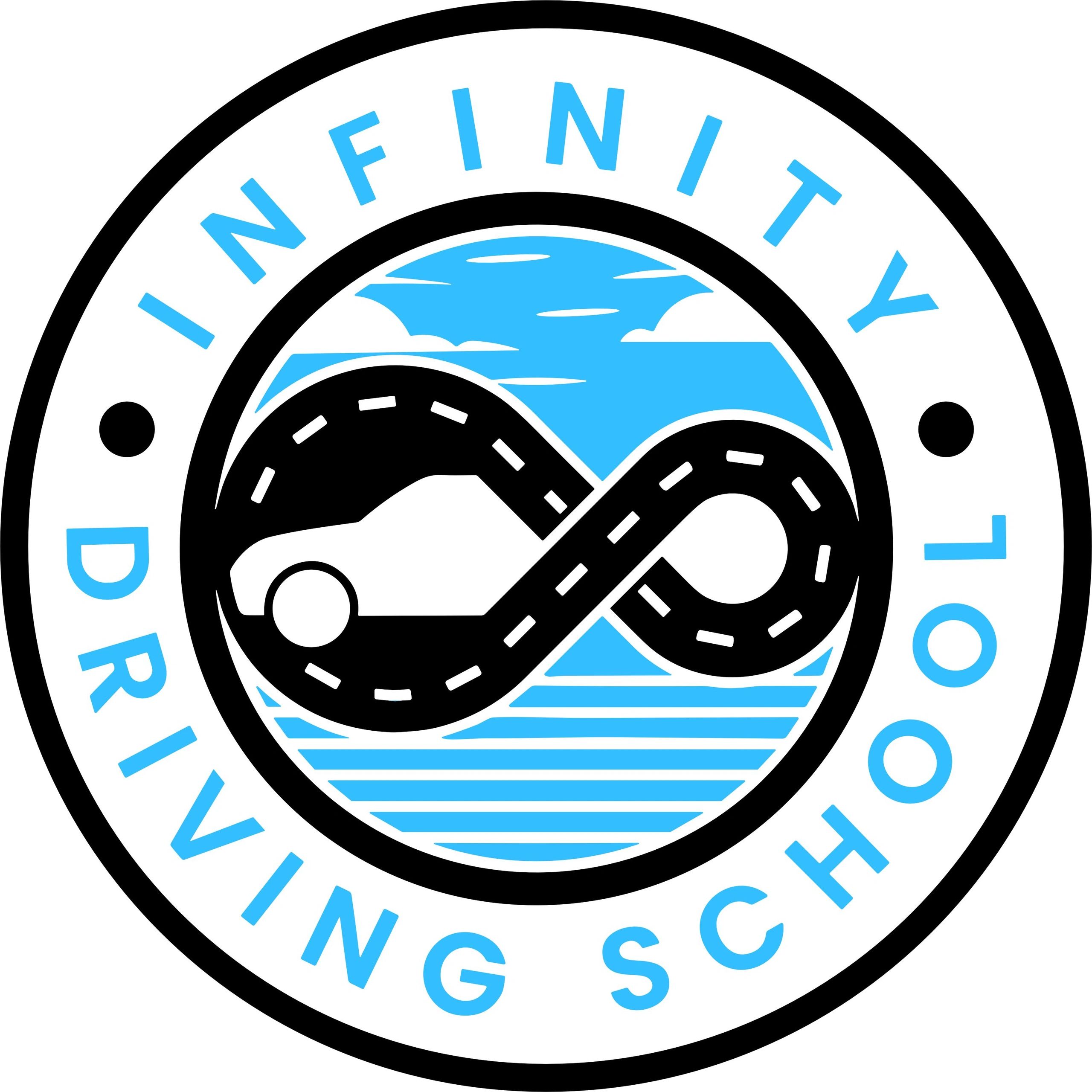 Logo with an infinity road and blue sky, text reads 'Infinity Driving School'.