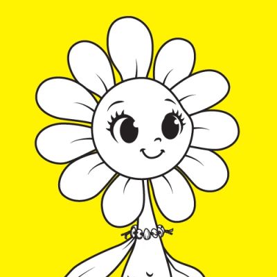 Cartoon flower with a smiling face on a yellow background.