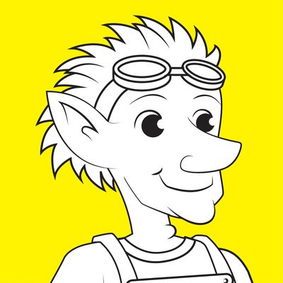 Cartoon character with goggles on yellow background.
