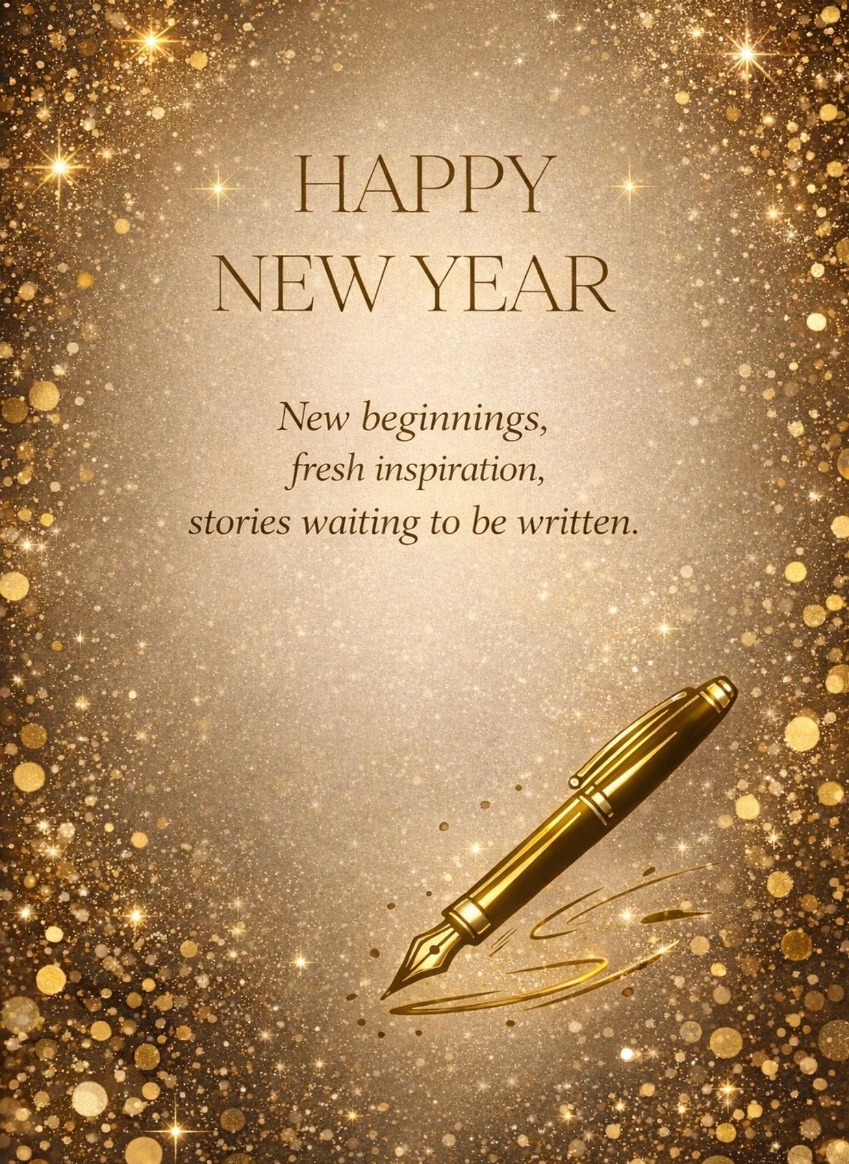 Golden Happy New Year message with pen and sparkling background.