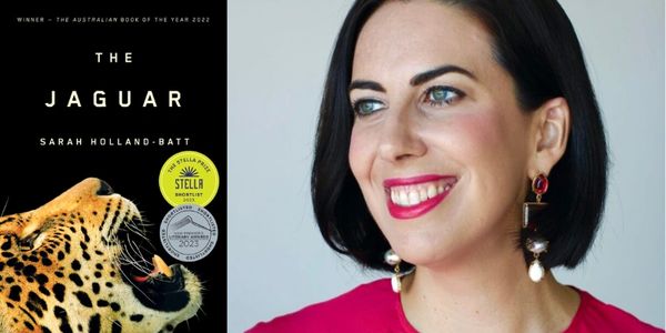 Book cover of 'The Jaguar' by Sarah Holland-Batt next to a smiling woman in red.