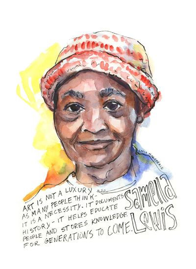 Watercolor portrait of Samella Lewis with a quote on art's importance.