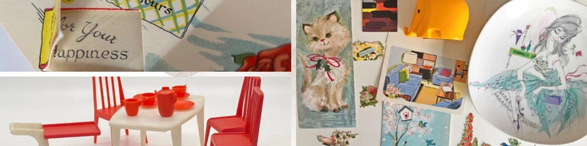 collage of photos of vintage greeting cards and vintage dollhouse furniture, 