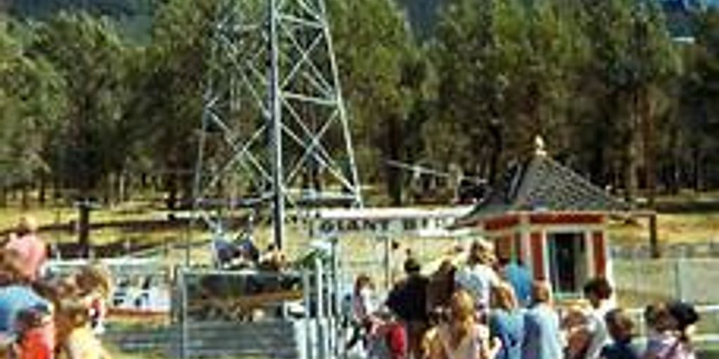 Crowd gathered at a small outdoor attraction with a metal tower and trees in the background.