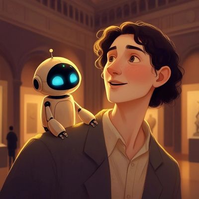 Alt text: A young man looking through a gallery with delight with a robot on his shoulder