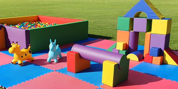 Colorful outdoor play area with soft blocks, ball pit, and ride-on toys on foam mats.