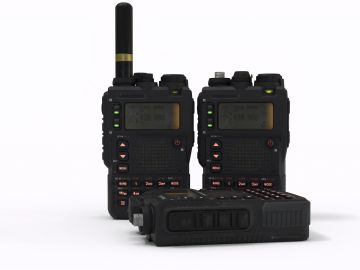 Two walkie-talkies and one laying down on a white background.