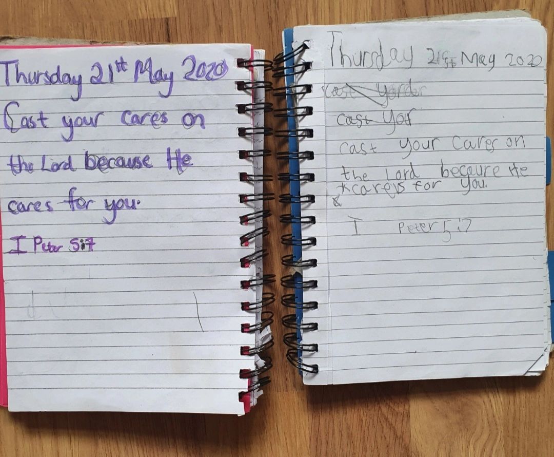 Quiet Time notes books from 2020 - aged 3 and 5.