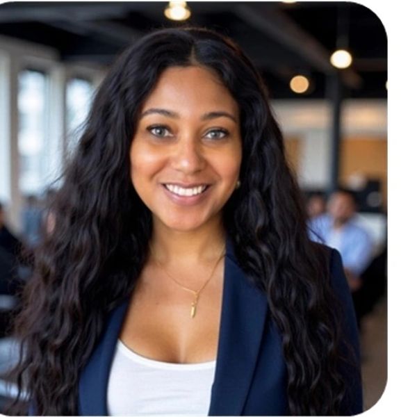 Smiling woman with long curly hair in a professional setting.