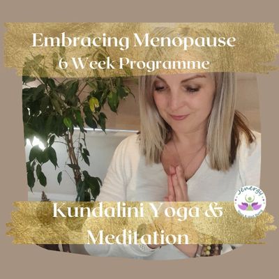 Jenny yogi promoting 6 week peri menopause programme with her hands in prayer pose meditating