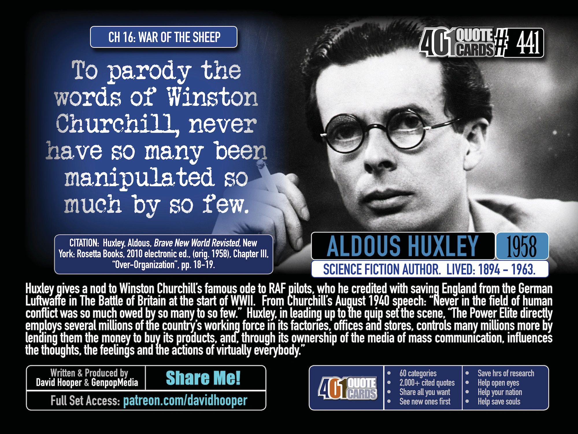 Aldous Huxley quote on manipulation: "To parody the words of Winston Churchill..." (401quotes.com)