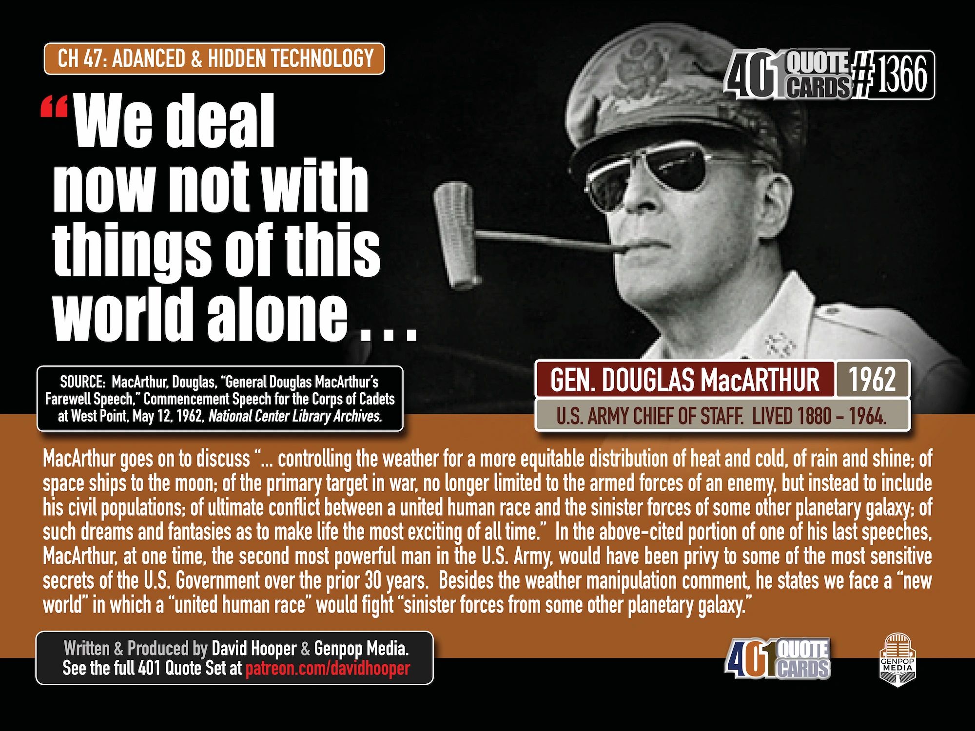 General Douglas MacArthur Quote: We deal now not with things of this world alone ... 401 Quote Cards