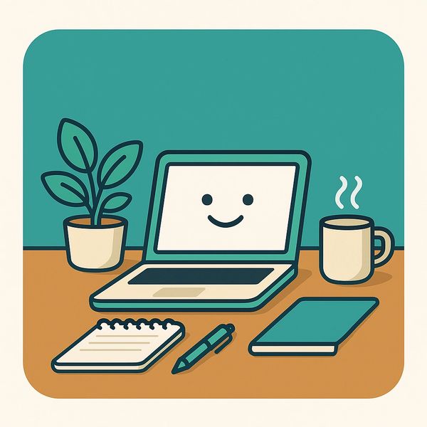 Smiling laptop upon a desk surrounded by a hot cup of tea, cute plant and a notepad, pen and book.