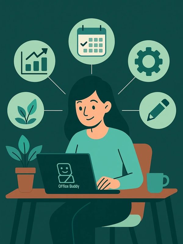 A lady working hard at her desk on her laptop, with a plant and drink on either side.