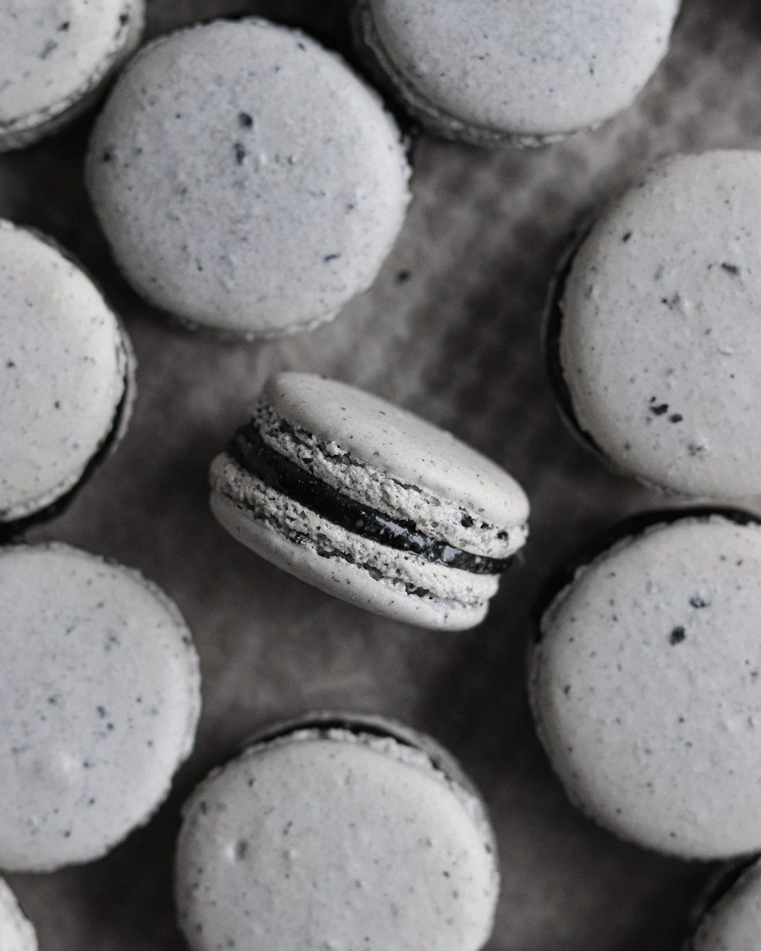 one black sesame macaron sits on its side facing up at the camera to show its black sesame honey filling