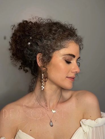 Natural, glowy bridal makeup and bridal curly updo with pearls by NYC HMUA, Beauty by Denoise