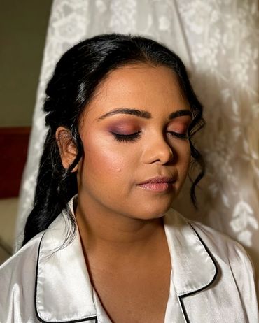 Classic pink bridal beauty on medium skin with curly half updo by NY artist, Beauty by Denoise