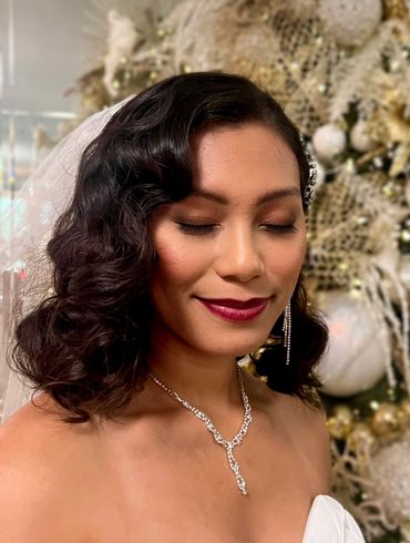 Hollywood-inspired radiant bridal makeup and short wave hairstyle by New York HMUA Beauty by Denoise