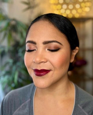 Soft glam makeup with faux lashes and a bold lip by New York City makeup artist, Beauty by Denoise