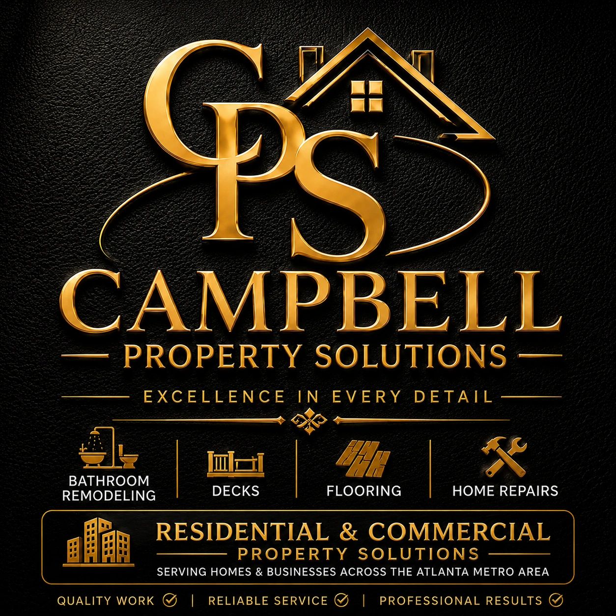 Gold and black logo for Campbell Property Solutions specializing in remodeling and repairs.