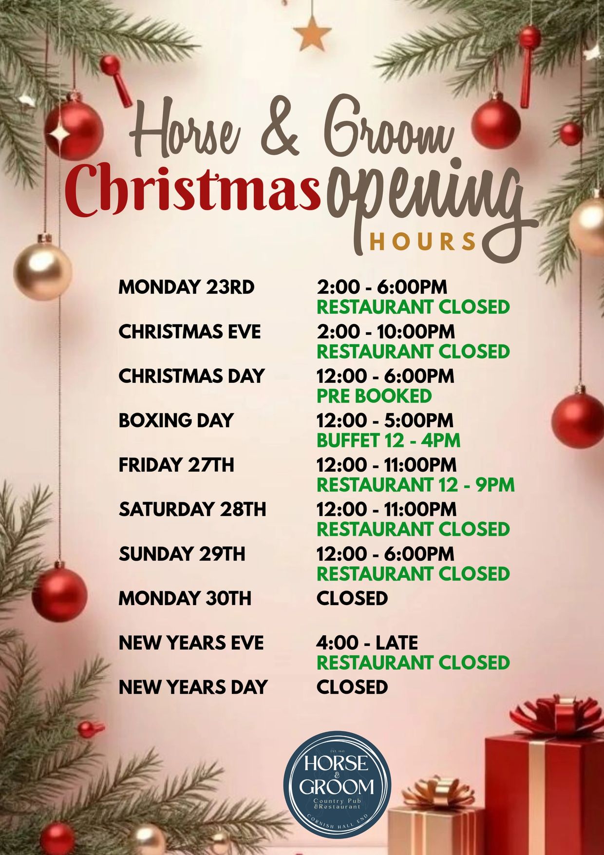 Horse &amp; Groom Christmas opening hours with dates and restaurant status.