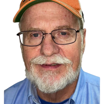 Elderly man with glasses and a white beard wearing an orange cap.