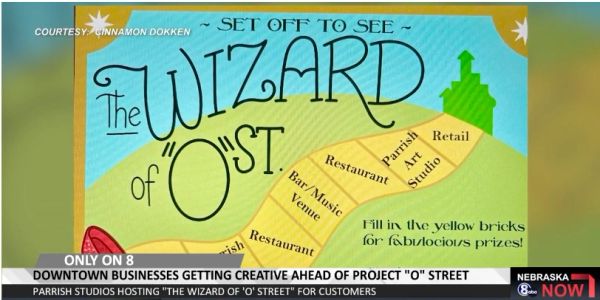 Promotional sign for "The Wizard of 'O' St." project downtown.