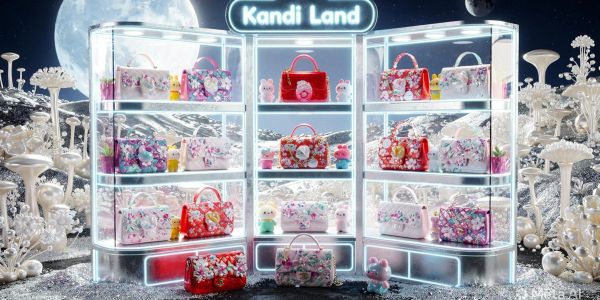A futuristic display of colorful floral handbags under a bright moon.