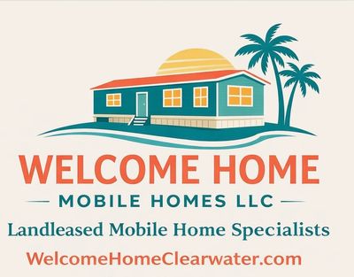 Logo of Welcome Home Mobile Homes LLC with a house and palm trees.