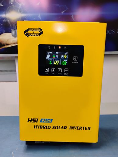 Yellow hybrid solar inverter with digital display and control buttons.