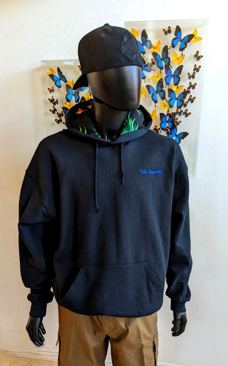 XL Hoodie (black / blk bird-paradise fabric / royal blue embroidery)