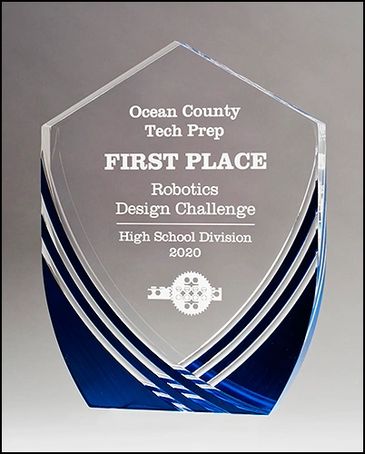 Shield Series Clear Acrylic Award with Polished Score Lines and Blue Metallic Accent