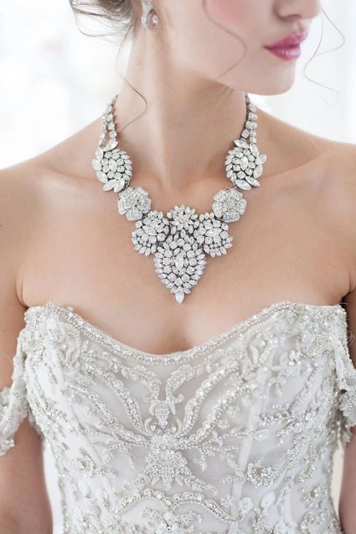 Elegant bridal necklace and embellished wedding dress