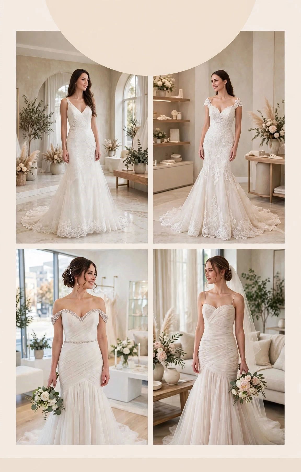 Four elegant wedding dresses modeled by brides in bright rooms.
