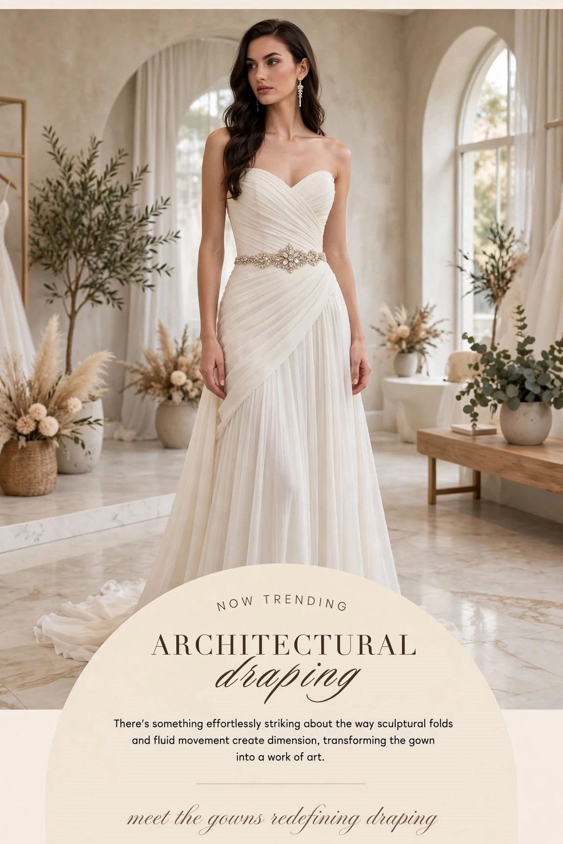 Elegant bridal gown with architectural draping and sculptural folds.