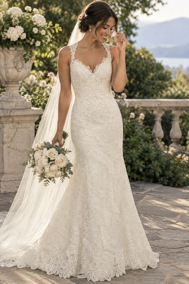 Bride in elegant lace wedding dress holding bouquet.