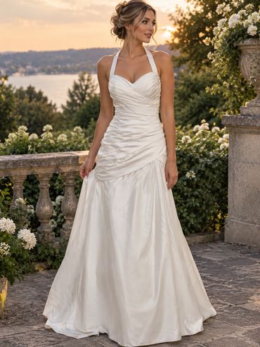 Woman in elegant halter-neck wedding dress outdoors.