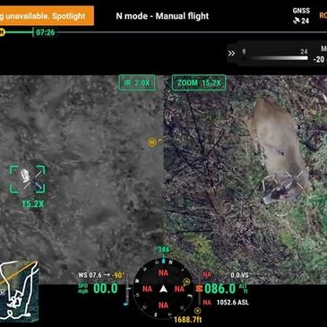High-altitude thermal drone tracking interface pinpointing large game during an emergency deer recov
